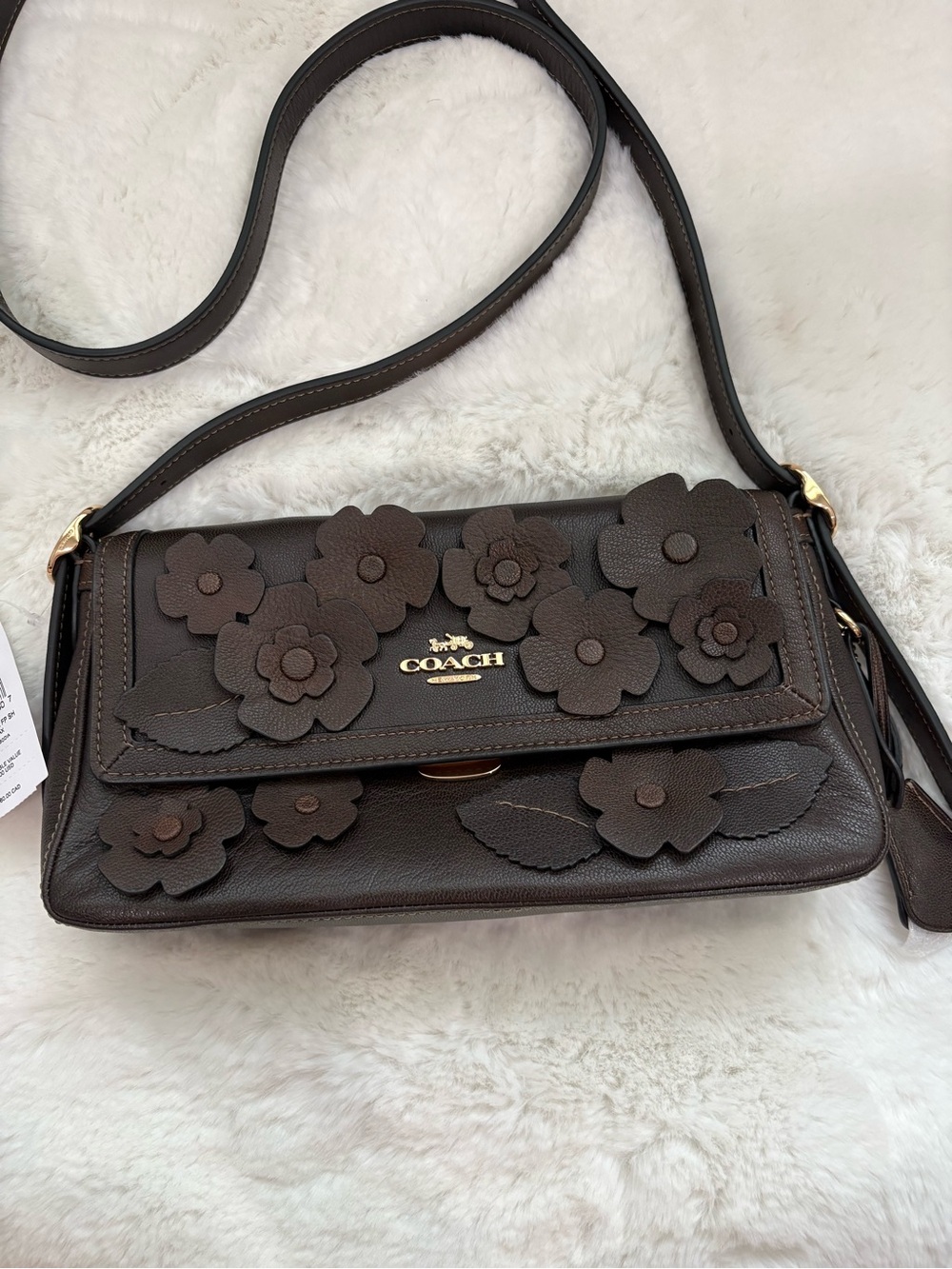 NWT Coach Etta Small Flap Crossbody Bag Floral Applique in Maple Dark Brown